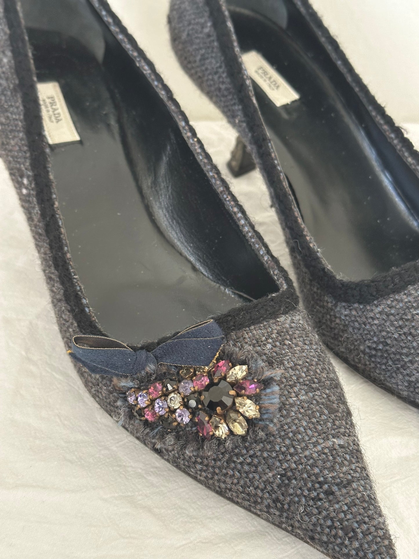 Prada Tweed Embellished Heels (38)