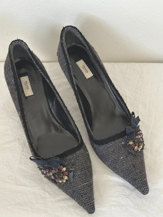 Prada Tweed Embellished Heels (38)